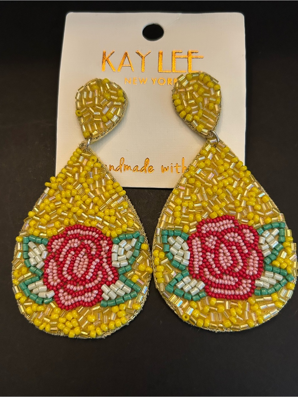 Kay Lee Yellow Handcrafted Beaded Teardrop Earrings with Boho Red Rose Design